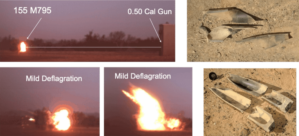 0.50 caliber EOD projectile testing against a 155mm M795 artillery shell at Yuma Proving Grounds showing mild deflagration results and recovered shell fragments during SBIR-funded C-IED research by EMPI.