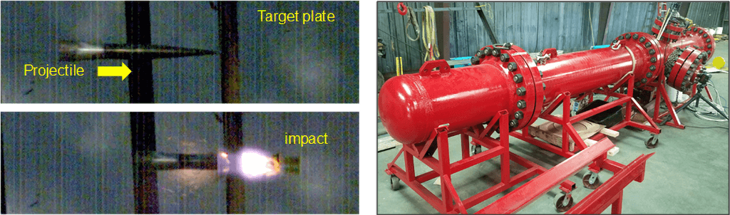 20mm cargo supercavitating projectile impacting a steel plate and EMPI hydroballistic tank used for testing HE rounds at simulated ocean depths greater than 1,000 feet.