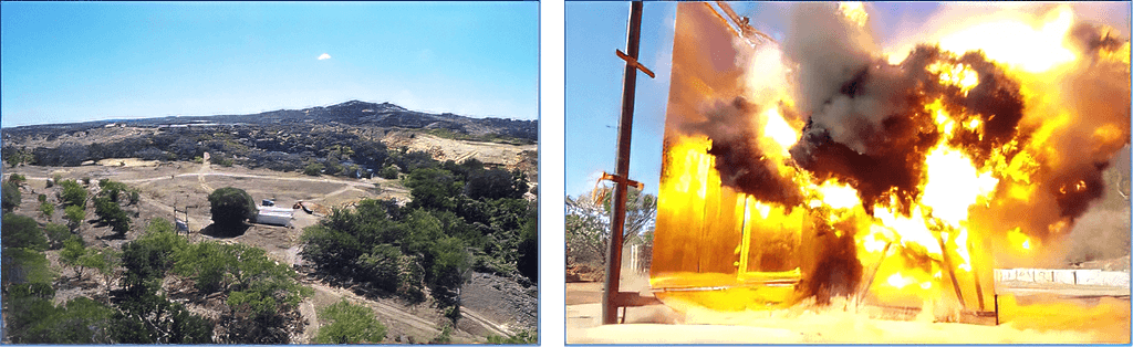 Aerial view of EMPI’s explosive testing arena and control room alongside a live explosive test.