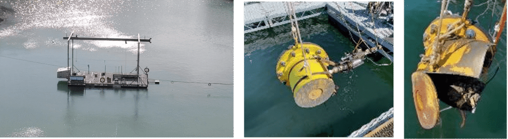 MCM test at Energetic Materials & Products, Inc.￼ showing a mobile platform in the quarry lake, a surrogate mine being lowered through a moon pool, and the post-test results.