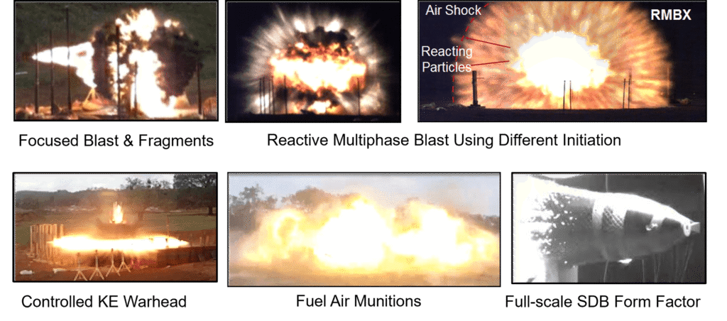 EMPI prototype warhead testing examples showing focused blast and fragments, reactive multiphase blast effects, controlled kinetic energy warhead testing, fuel air munitions, and a full-scale small diameter bomb (SDB) form factor.
