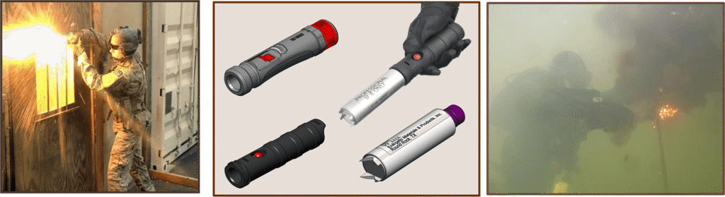 EMPI TEC Torch reactive material thermal breaching system showing an Army Ranger cutting metal bars, TEC Torch handle and cartridge designs, and an underwater diver cutting cable during military breaching operations.